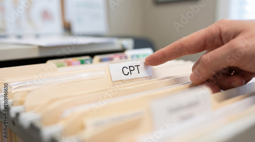 CPT medical billing search, finger selecting file in organizer, healthcare coding and insurance claim