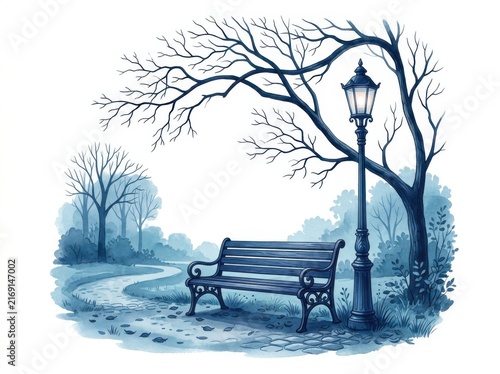Bench under bare tree with vintage street lamp in park