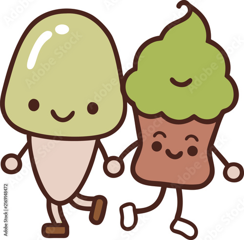 cartoon mushroom and cupcake characters holding hands