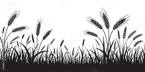 Black wheat and grass silhouettes border for rustic agricultural landscape design and organic food themes.