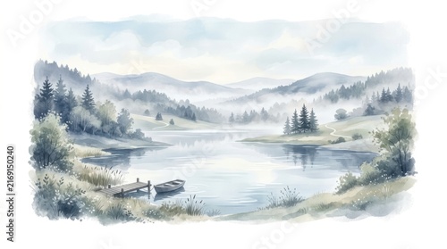 Sketch style boat on calm snowy lake landscape