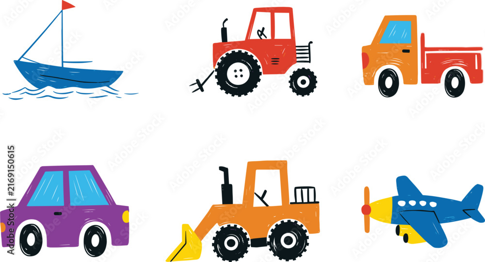 Naklejka premium Vehicle Transportation Collection, Flat Vector Illustration with Sailboat Tractors Trucks Cars and Airplane Designs