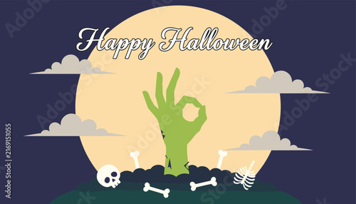 Spooky Halloween greeting scene features a green zombie hand making an OK sign against a large full moon with text.