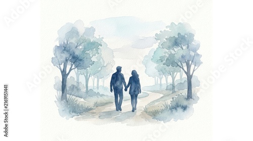 Couple walking hand in hand through a park