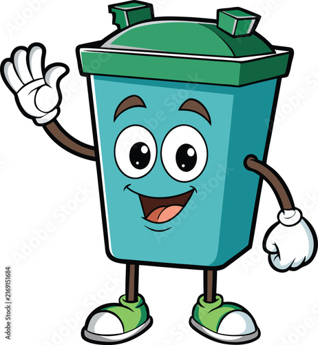 cartoon trash bin character smiling
