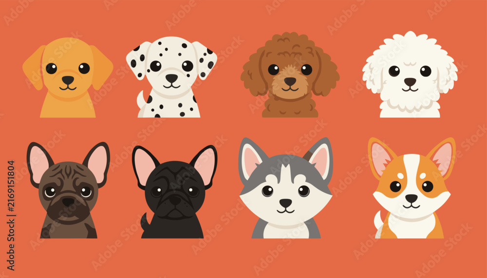 Obraz premium Cute collection of eight adorable cartoon dog breed portraits are showcased on a solid orange background.