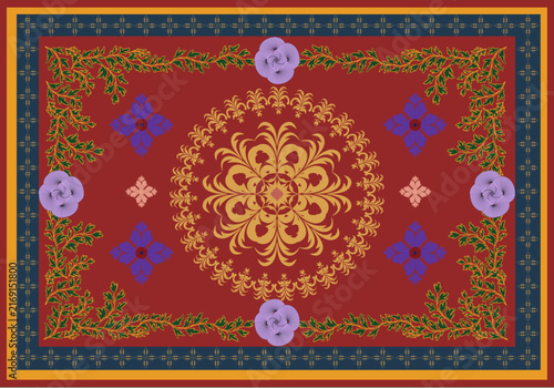 Beautiful vector surface ornament template for fashion textile print featuring elegant gold mandala motif lavender purple roses and green foliage frame isolated on burgundy red background