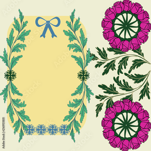 Vector decorative ornament illustrations set featuring yellow gift tag label with blue bow ribbon green foliage frame and blooming pink rose wreaths isolated on cream ivory background