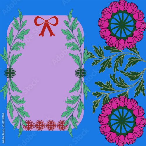 Vector decorative ornament illustrations collection featuring lavender gift tag label with red bow ribbon green foliage frame and blooming pink rose wreaths isolated on bright blue background