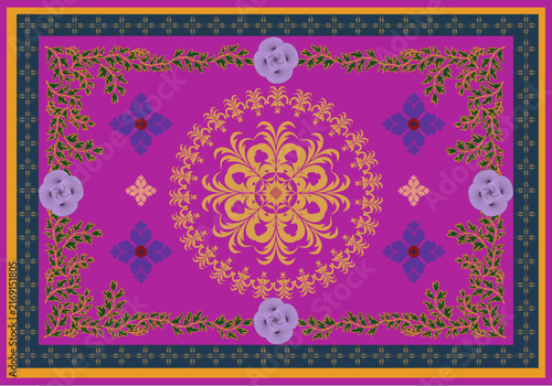 Vector surface design layout for fashion textile print featuring traditional gold mandala design lavender roses and green foliage border isolated on bright magenta fuchsia background