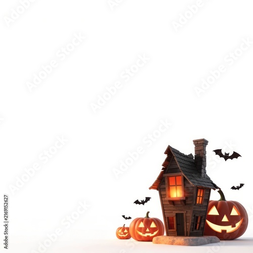 Spooky Haunted House with Jack-o'-Lanterns and Bats on White Background for Halloween Celebration