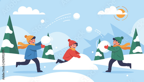 Happy children having a snowball fight and building a snowman in a beautiful snowy winter pine forest.
