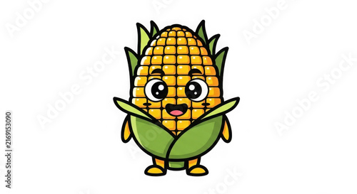 Cute cartoon corn character holding fresh yellow corn cobs with happy smile