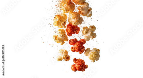 Falling autumn leaves and red berries scattered in mid-air against white background