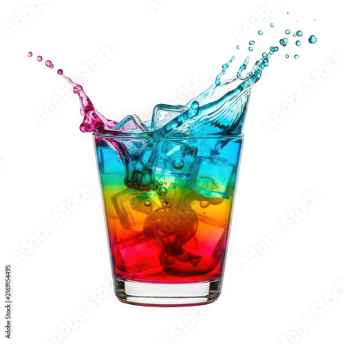 Vibrant rainbow cocktail splash in crystal glass with colorful liquid and sparkling droplets isolated on white