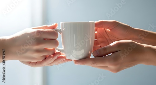 Two people holding a warm beverage together during a morning break sharing friendship and kindness in a peaceful room setting featuring soft natural window illumination and pleasant moments