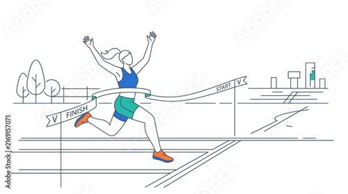 Runner breaks the finish line ribbon at a professional track competition held outdoors.