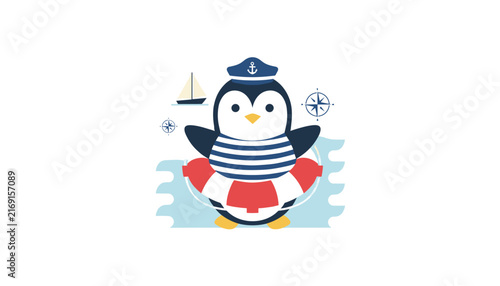 Cute little cartoon penguin dressed as a sailor with lifebuoy, compass, and sailboat in ocean waves.