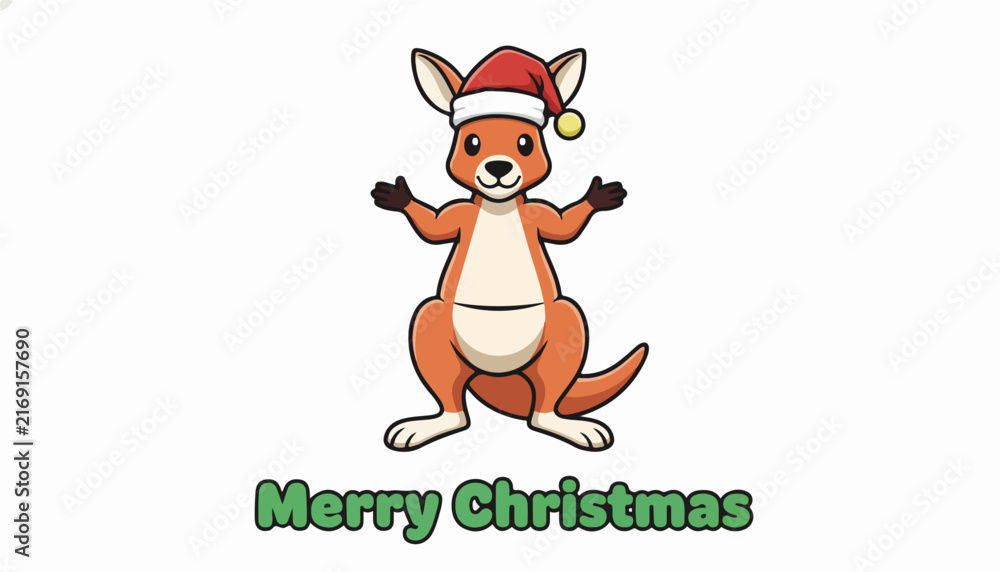Fototapeta premium Cute Cartoon Kangaroo Wearing a Santa Claus Hat Wishing Merry Christmas.