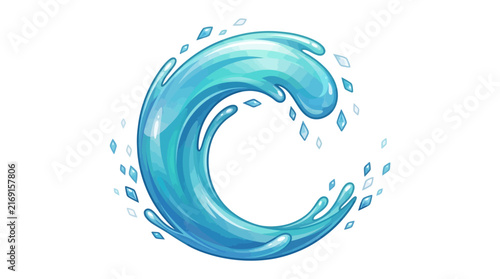 Stylized Water Splash Wave Swirl Icon with Crystal Droplets Isolated on White Background