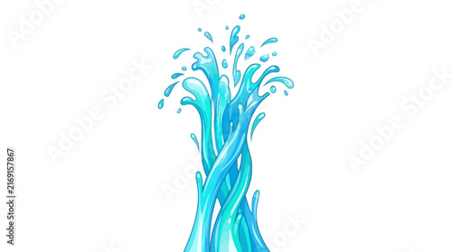 Vector illustration of a dynamic blue water splash with flowing streams and glowing drops isolated on a white background