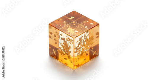 Isometric amber resin cube with encapsulated dried autumn botanicals on white background