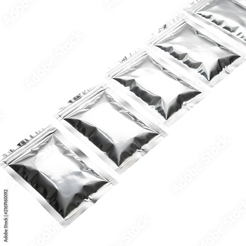A strip of silver foil sachets arranged diagonally on a white background