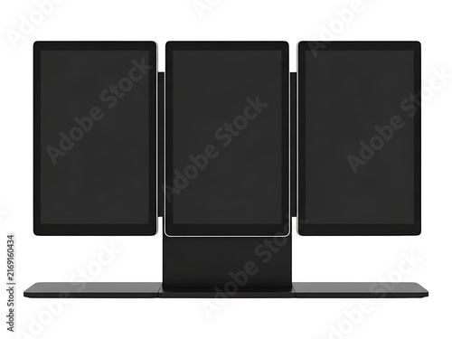A sleek triple monitor setup featuring three blank vertical display screens