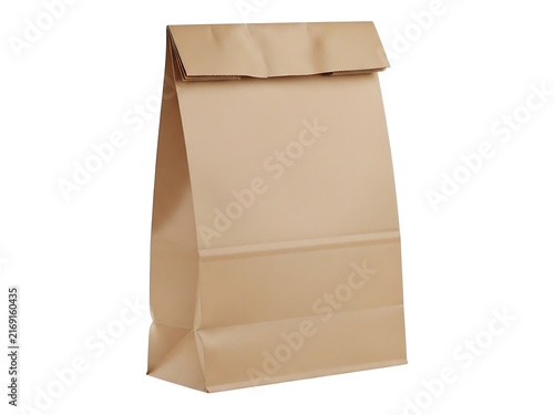 A single empty brown paper grocery bag standing upright on white background