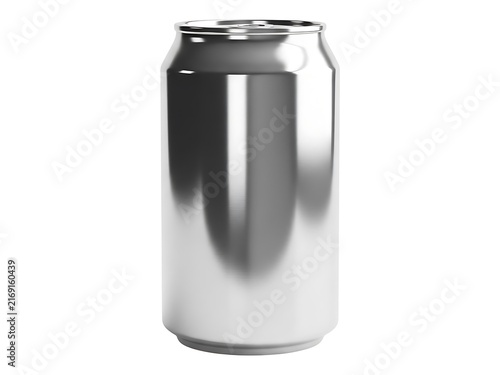 A shiny blank aluminum beverage can isolated on a white studio background
