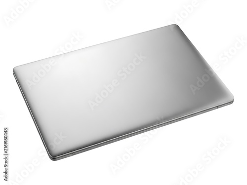 A sleek silver laptop closed shut isolated on a clean white background