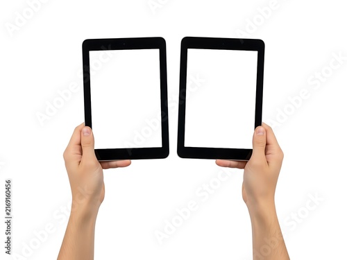 Two hands holding separate tablet devices with blank screens on white background