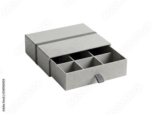 Minimalist grey cardboard storage box with six compartments and a pull tab