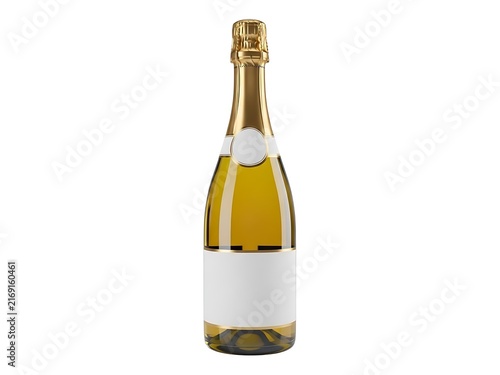 A single glass bottle of sparkling wine with blank labels for branding