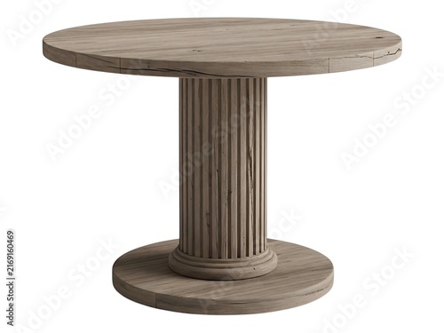 A circular grey dining table with a classic fluted pedestal base design