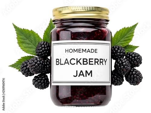 A glass jar of delicious homemade blackberry jam with fresh berries and leaves