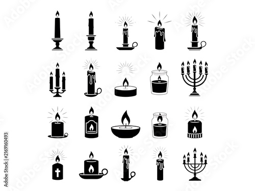 A collection of various candle icons in a simple black and white style