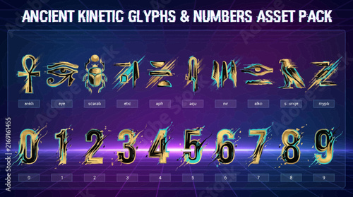 Digital asset pack featuring gold motionblurred Egyptian glyphs and numbers against a purple neon grid background