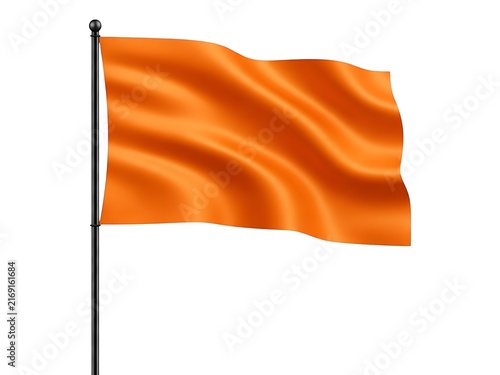 A bright orange flag waving gently on a thin black pole against white