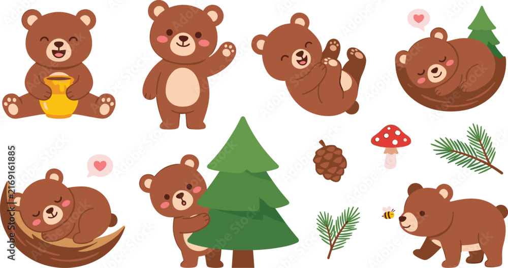 Obraz premium Cute Bear Illustration Set with Playful Brown Bear Characters, Pine Trees, Pinecones, Mushrooms, and Forest Nature Elements for Children Designs
