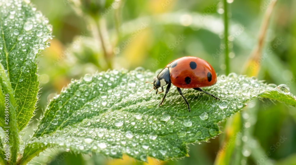 Fototapeta premium Red ladybug sitting on a green leaf covered with morning dew drops representing fresh spring nature, pure botanical wildlife, and beautiful macro ecology.