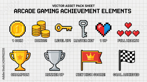 A grid of 10 pixelart arcade game achievement icons featuring coins keys hearts trophies and flags on a graph paper background