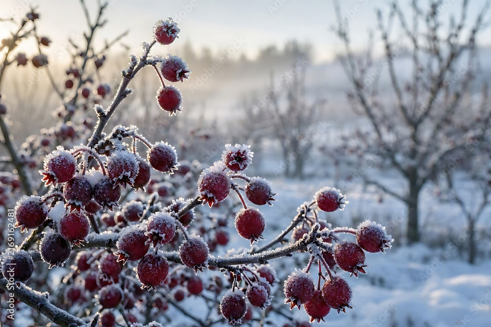 Naklejka premium Fresh red berries and small winter fruits growing on tree branch covered in hoarfrost during a cold foggy morning in nature