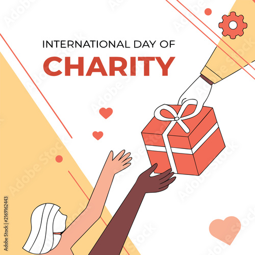 International Day of Charity Vector Banner with Diverse Hands and Donation Box