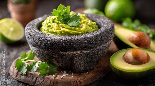 Close up of creamy avocado guacamole in a volcanic stone bowl with fresh lime and cilantro