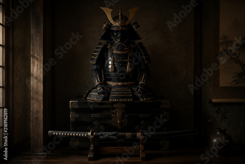 Bushido still life with samurai armor and katana in dark alcove