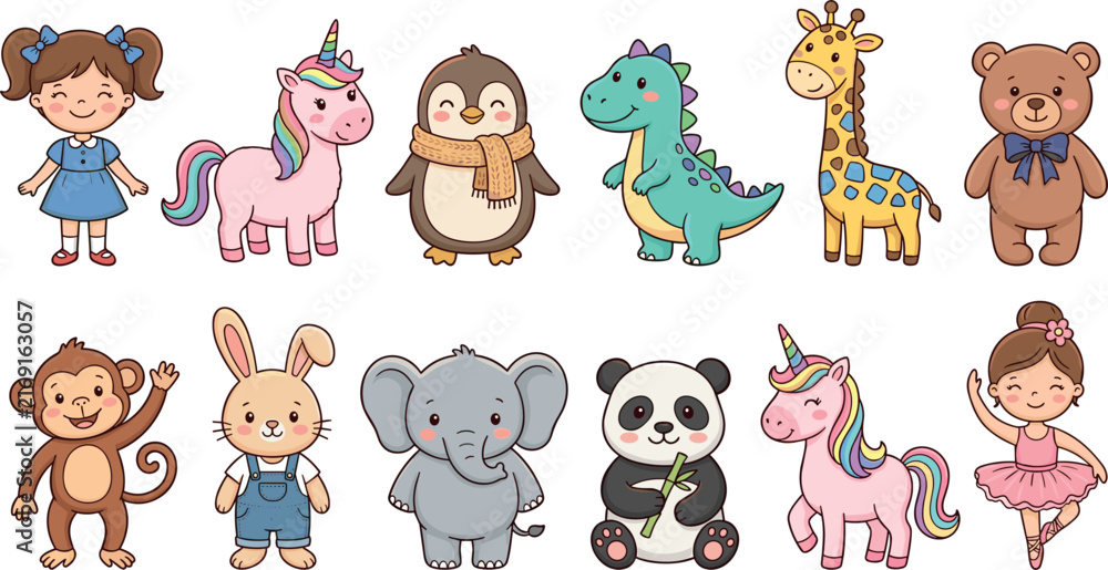 Fototapeta premium Cute Kawaii Cartoon Characters Set Featuring Little Girls Rainbow Unicorns Teddy Bear Elephant Giraffe Dinosaur Penguin Panda Monkey and Rabbit for Children Books Graphic Designs