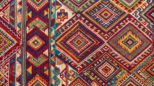 Traditional Latin American or hispanic textile with intricate geometric patterns, handcrafted cultural design, seamless background