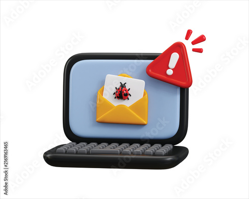 Laptop with email bug on red alert icon 3d render for Cyber Attack, Phishing, Malware, Email Security and Cybersecurity, Threat Detection alert