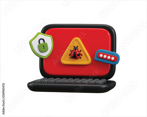 3D Laptop Bug Alert Cyber Attack Protection Icon Render for Cybersecurity, Malware Detection, Data Security, Network Protection and Digital Defense